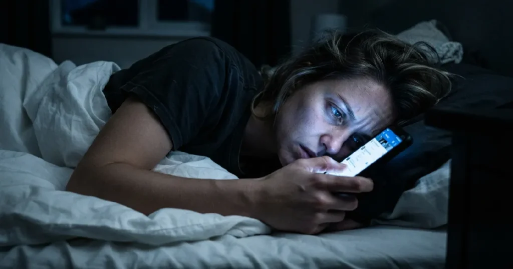 Woman holding smartphone in bedroom
