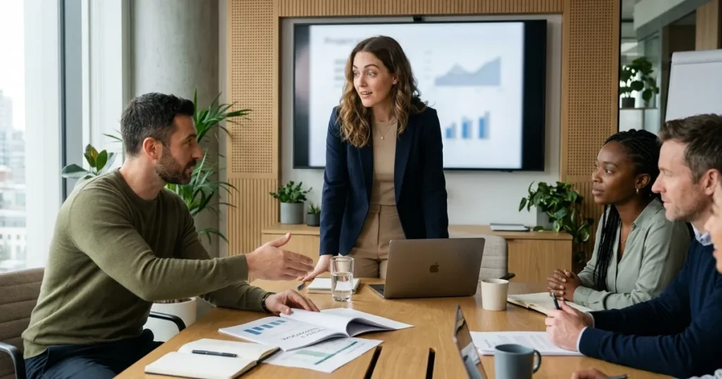 Woman presents idea to team