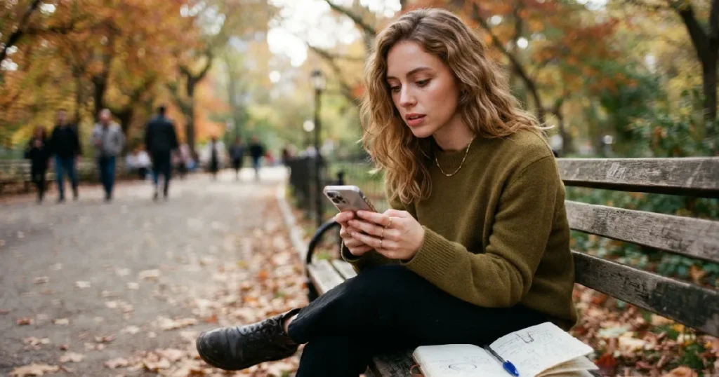 Woman scrolling phone on bench