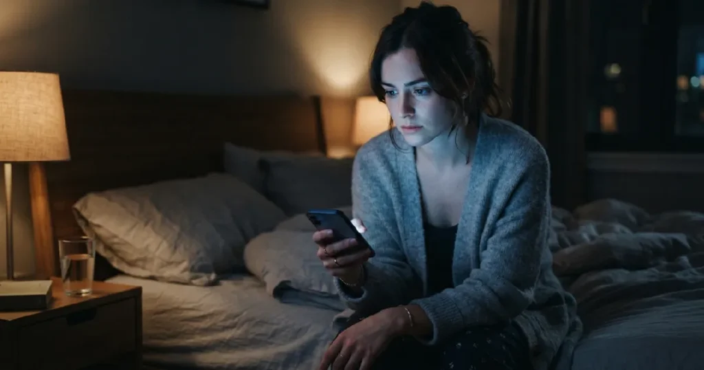 Woman staring at phone screen