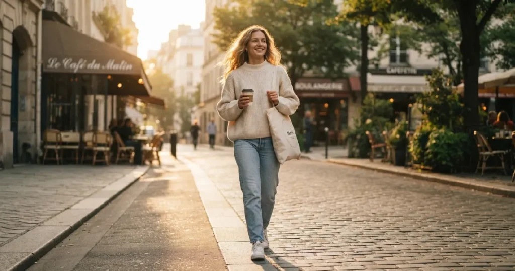 Woman walking on sunlit street