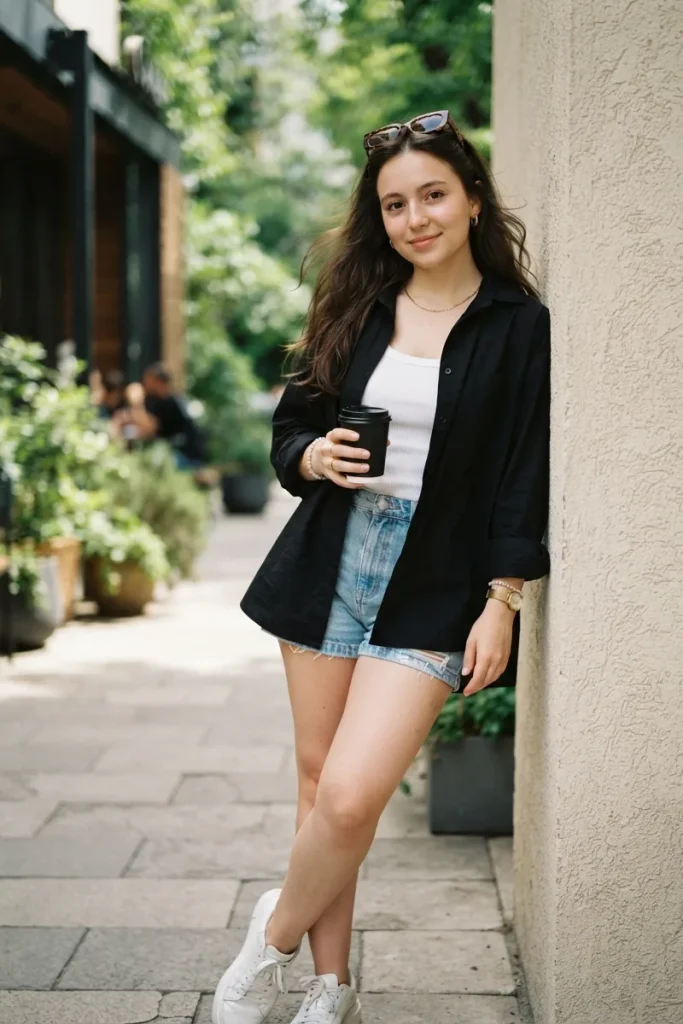 Oversized Button-Down & Denim Shorts