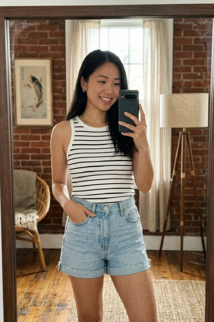 Preppy Cropped Cardigan & High-Waist Shorts