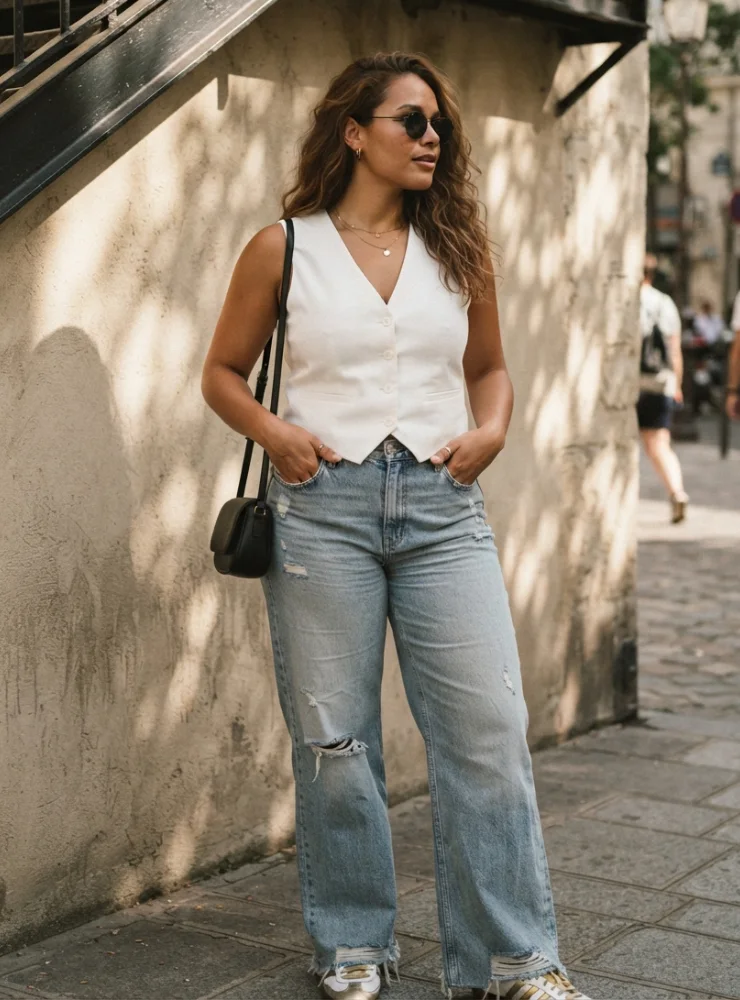 Relaxed Wide-Leg Denim + White Tank