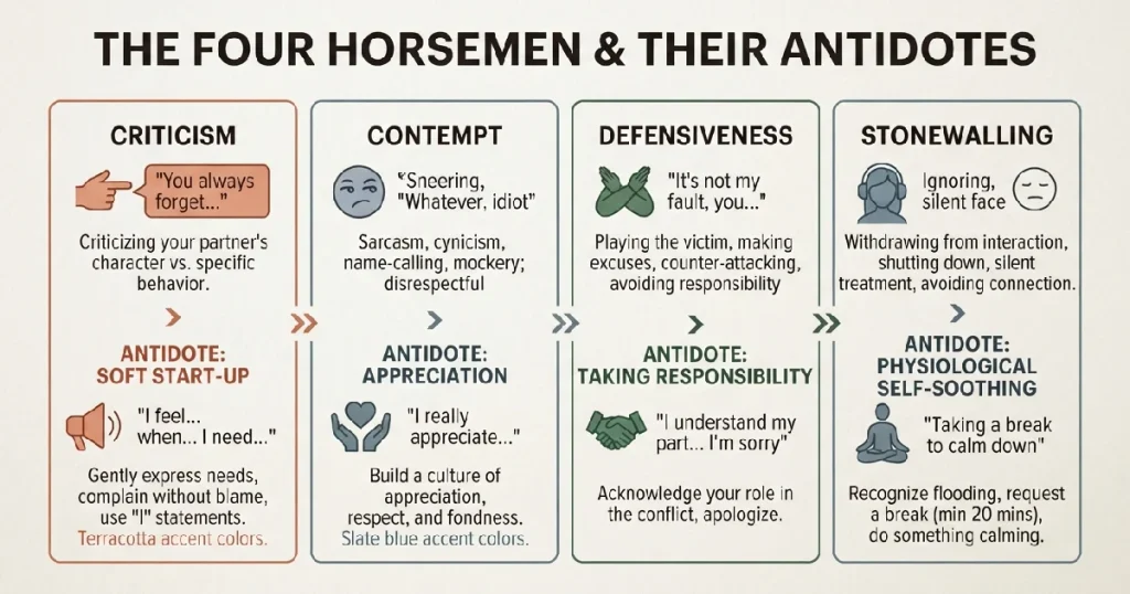 The 4 Horsemen of Marriage and Their Antidotes Diagram